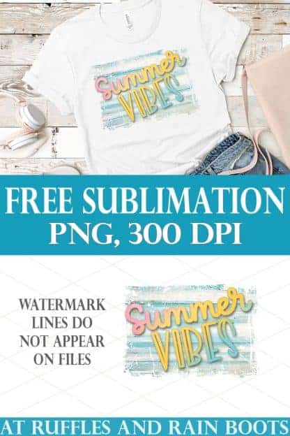 collage of summer vibes sublimation file on white t shirt on wood background