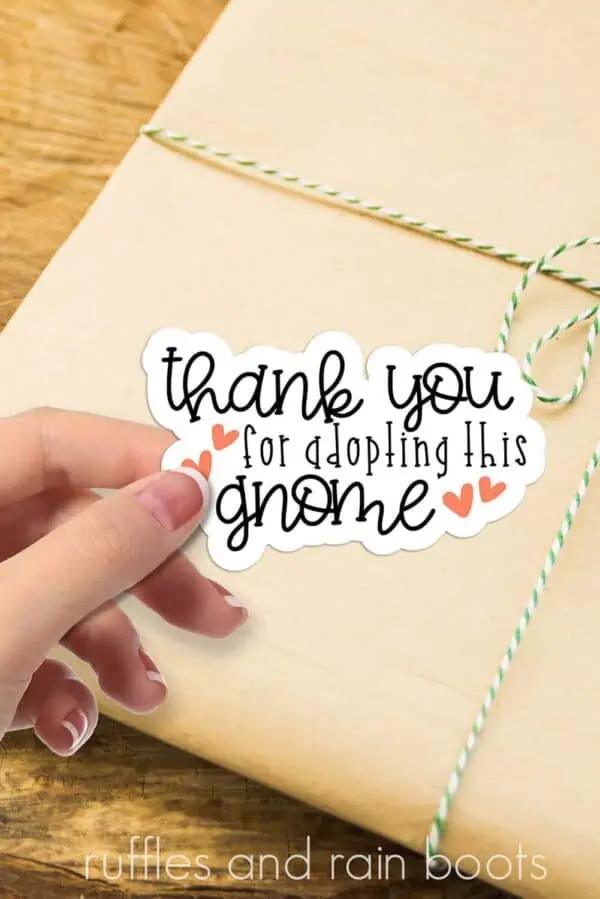 woman holding thank you for adopting this gnome sticker on package background