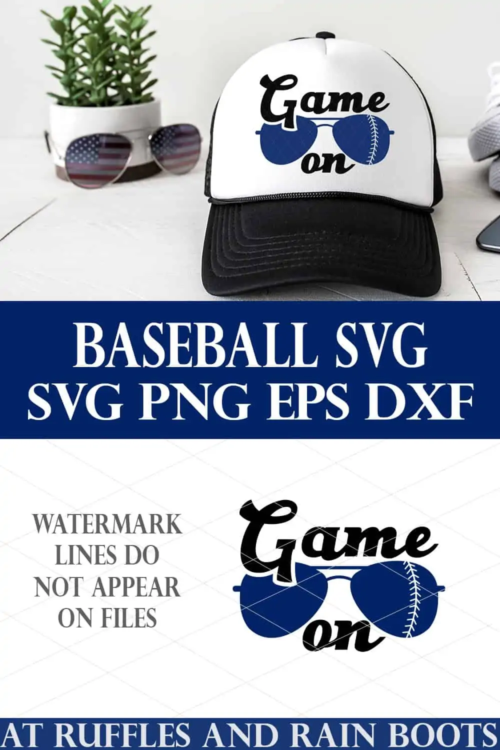 vertical collage of white trucker hat with black rim on white background and blue game on baseball svg 
