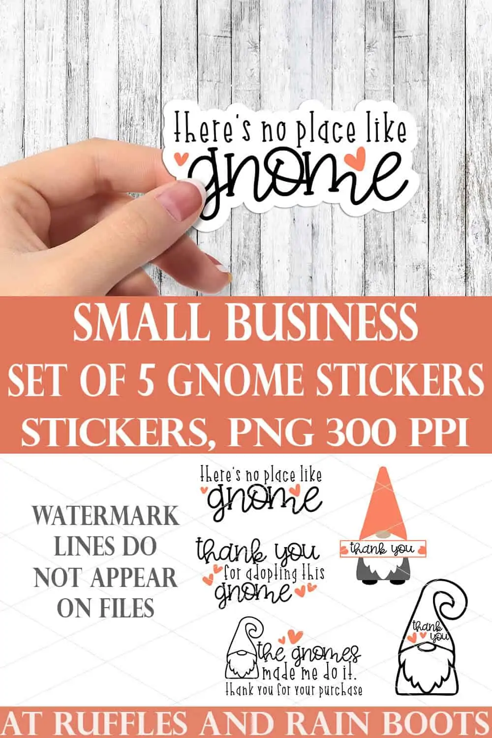 collage of woman holding there is no place like gnome sticker on wood background and 5 gnome stickers printables
