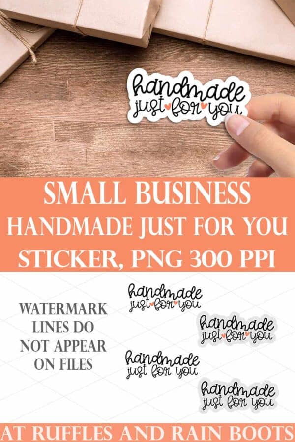 collage of handmade just for you sticker on wood background with small business SVG