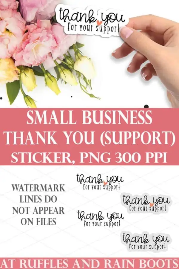 collage of thank you for your support sticker held in hand over pink flower bouquet on white table