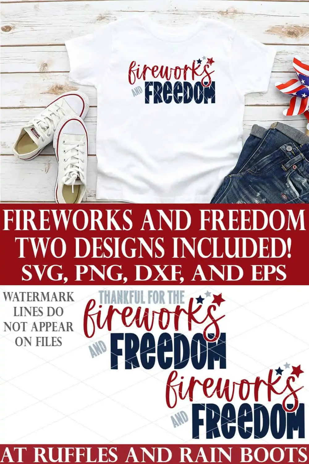 red blue fireworks and freedom svg on white t shirt with two designs from ruffles and rain boots