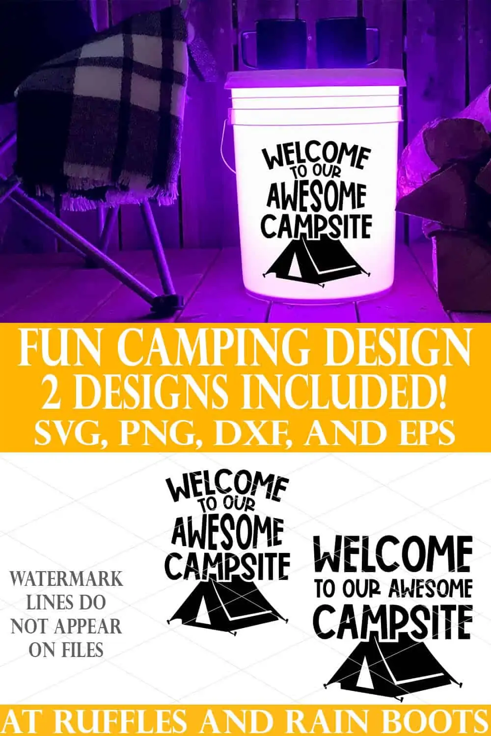 tent and welcome to our campsite in vinyl on camp bucket with text which reads fun camping design