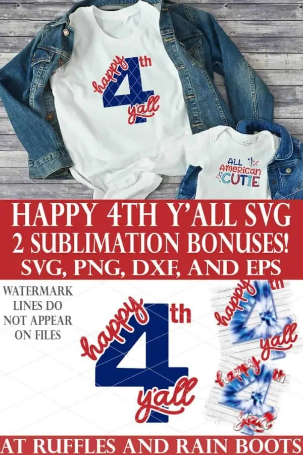 vertical collage of happy 4th y'all svg on white t shirt with jean jacket on wood background