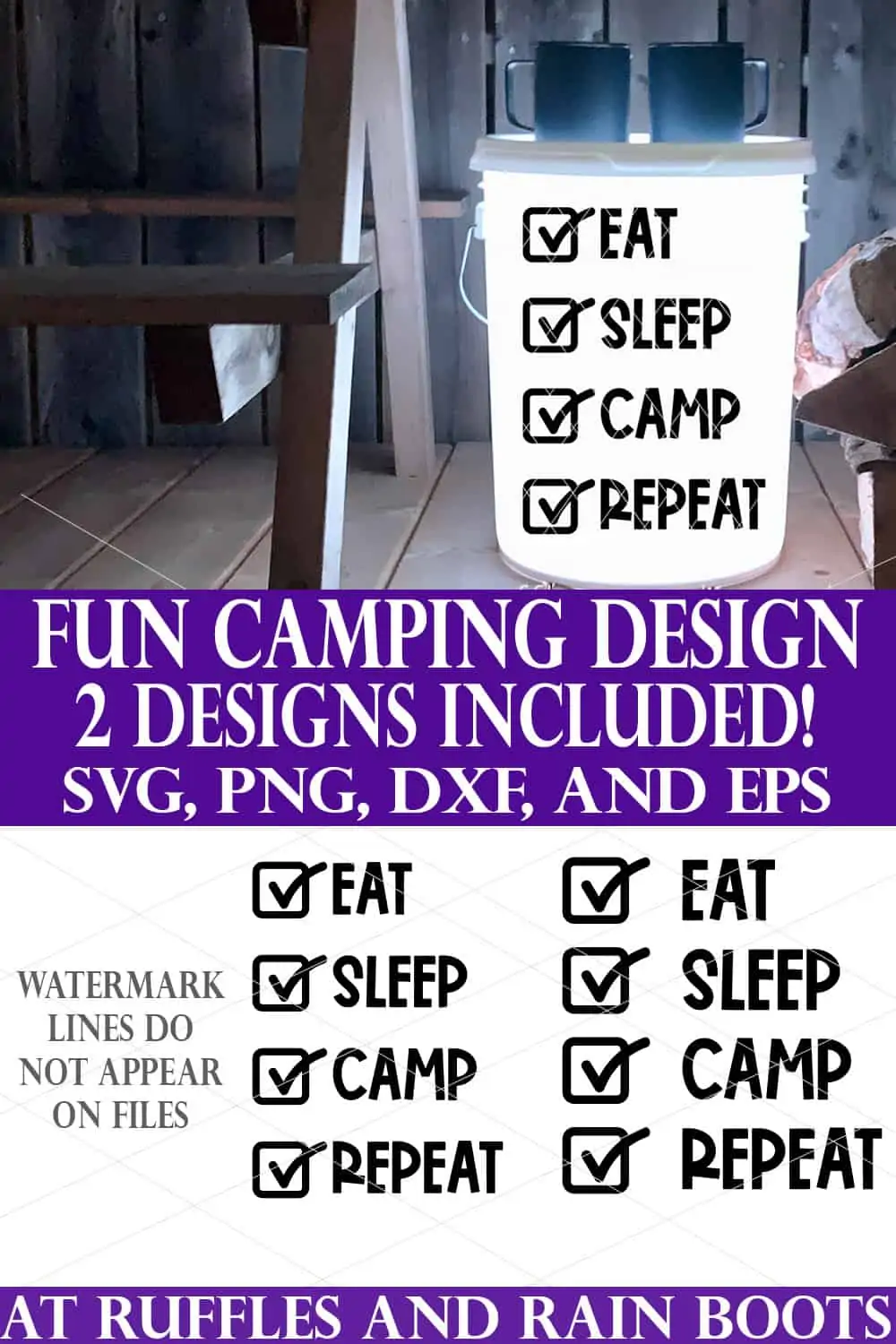 vertical collage of fun camping bucket svg in black vinyl on white bucket on wood porch