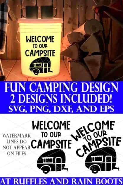 welcome to our campsite site in black vinyl on yellow camp bucket with text which reads fun camping design
