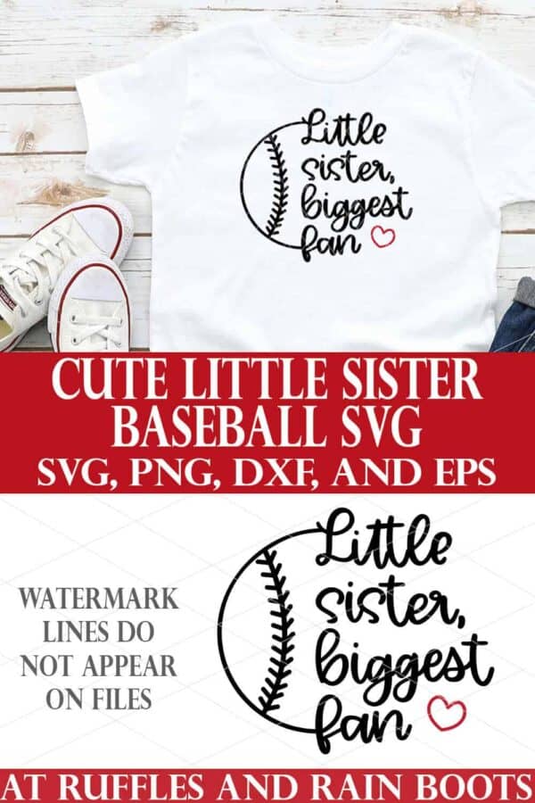 little sister baseball svg in black with red heart on white t shirt on white wood background