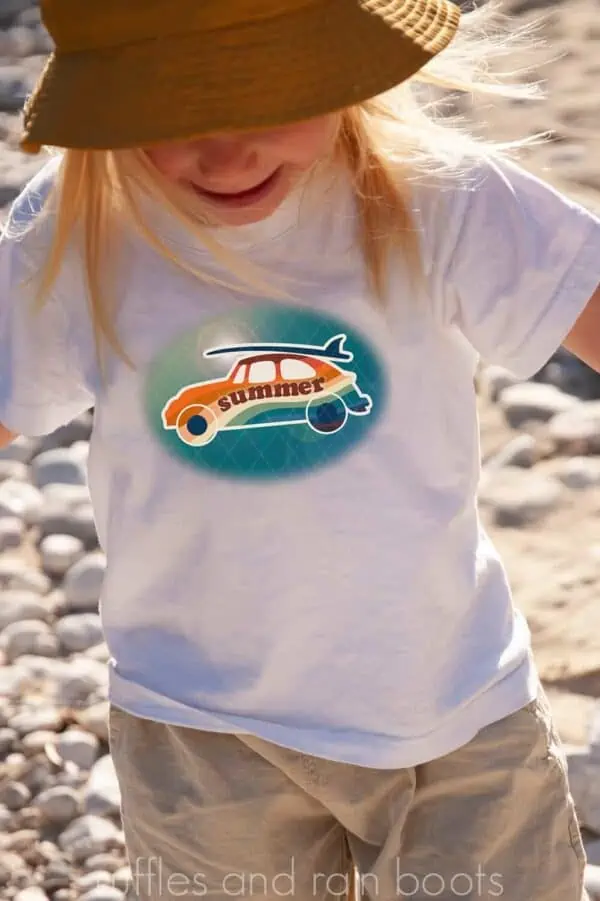 blue sublimation summer surf vw bug on a kids shirt