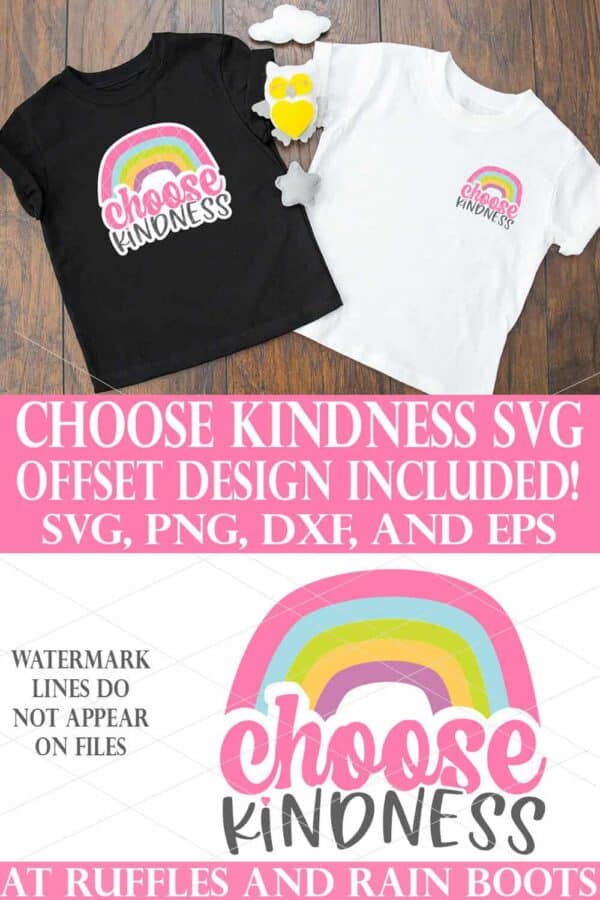 black and white t shirts on wood background with choose kindness svg rainbow with white offset