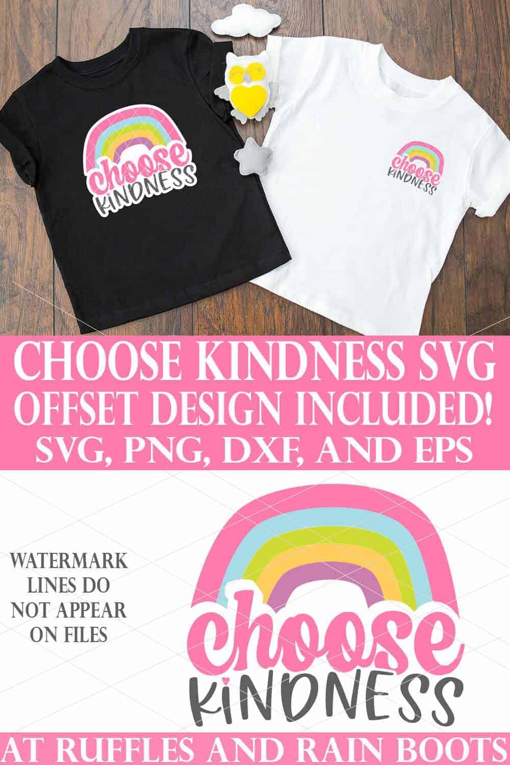 black and white t shirts on wood background with choose kindness svg rainbow with white offset