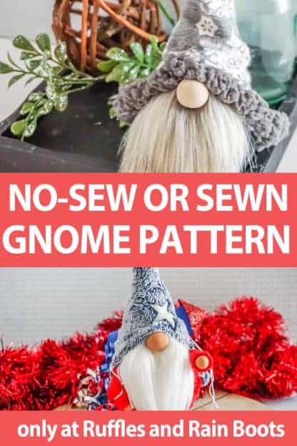 photo collage of icelandic lovey gnome pattern set for no-sew or sewn gnome with text which reads no-sew or sewn gnome pattern