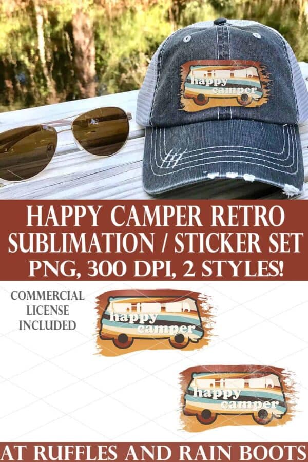 photo collage of retro bus happy camper sublimation volkswagen van with text which reads happy camper retro sublimation sticker set png 300 dpi 2 styles