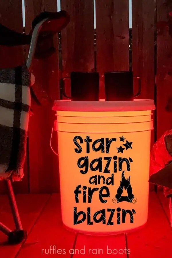 orange camp bucket with star gazin and fire blazin svg in black vinyl