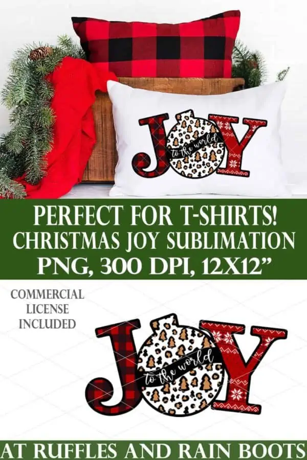 Christmas JOY sublimation print with leopard print ornament on white pillow and holiday background