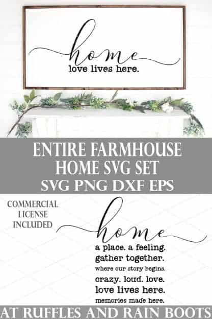 farmhouse home svg bundle on white sign on white wood background featuring six svg from ruffles and rain boots