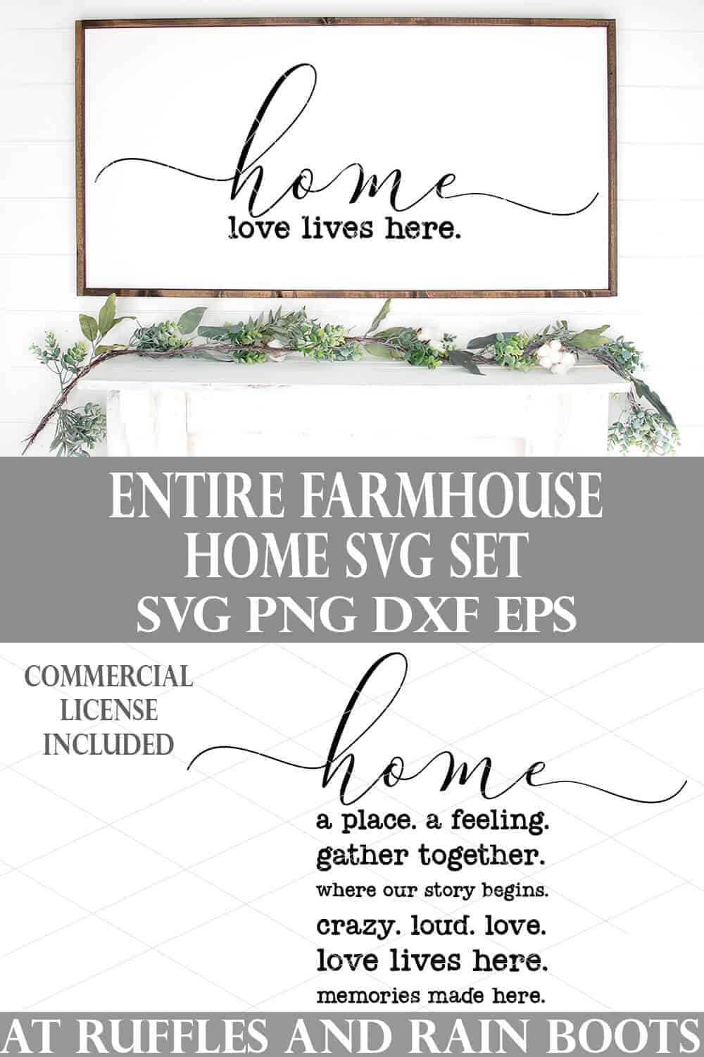 farmhouse home svg bundle on white sign on white wood background featuring six svg from ruffles and rain boots