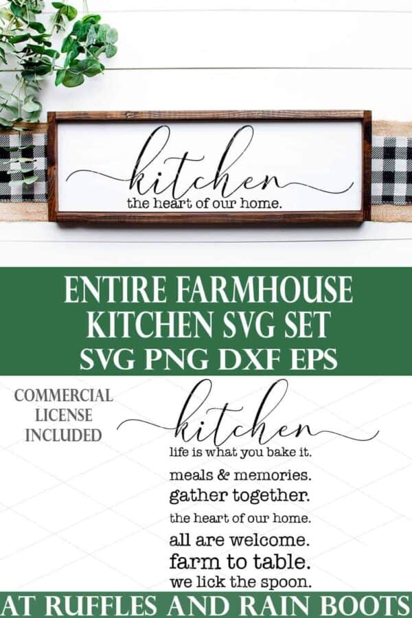 collage of kitchen svg bundle on bottom with white buffalo check farmhouse kitchen sign on white wood