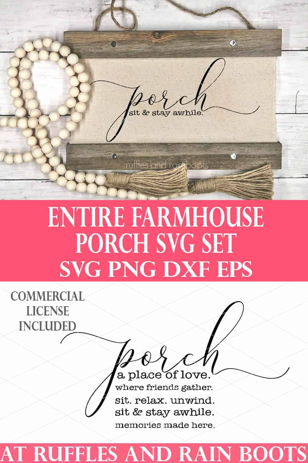 collage of farmhouse porch svg bundle and porch sign in canvas with wood hangers on wood background with farmhouse beads