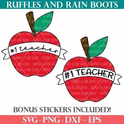 number 1 teacher svg in apple with banner from ruffles and rain boots shop