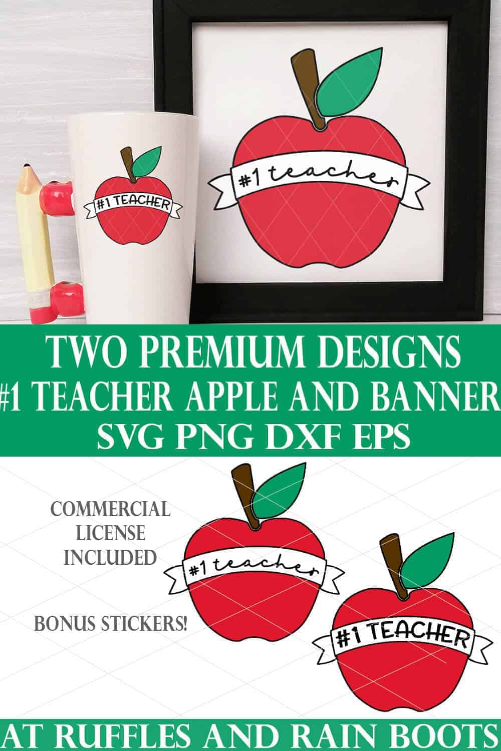 collage of apple with banner and number 1 teach in script on black frame and white tall mug