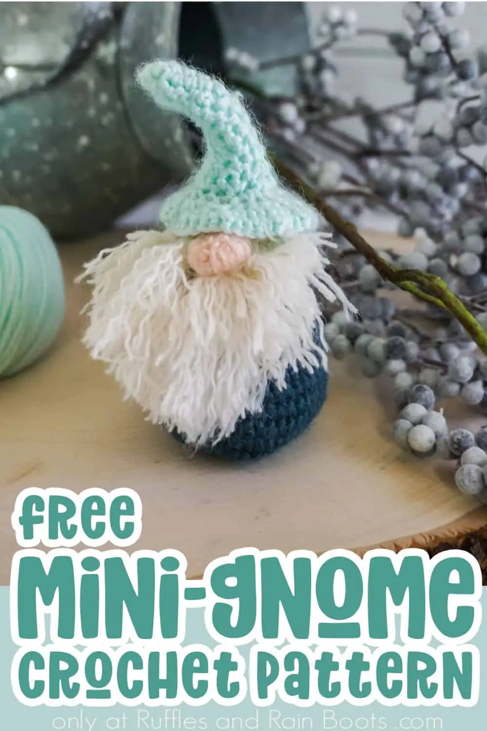 vertical image of an adorable gnome with text which reads free mini gnome crochet pattern from ruffles and rain boots