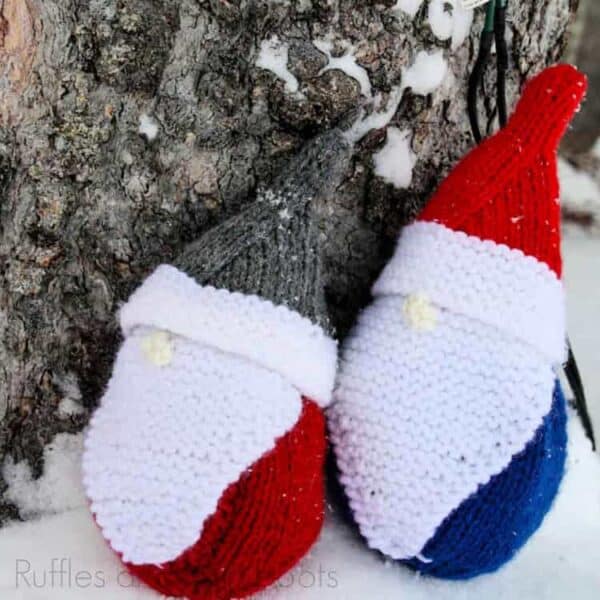 square image of two knitted gnomes using a free gnome knitting pattern from ruffles and rain boots