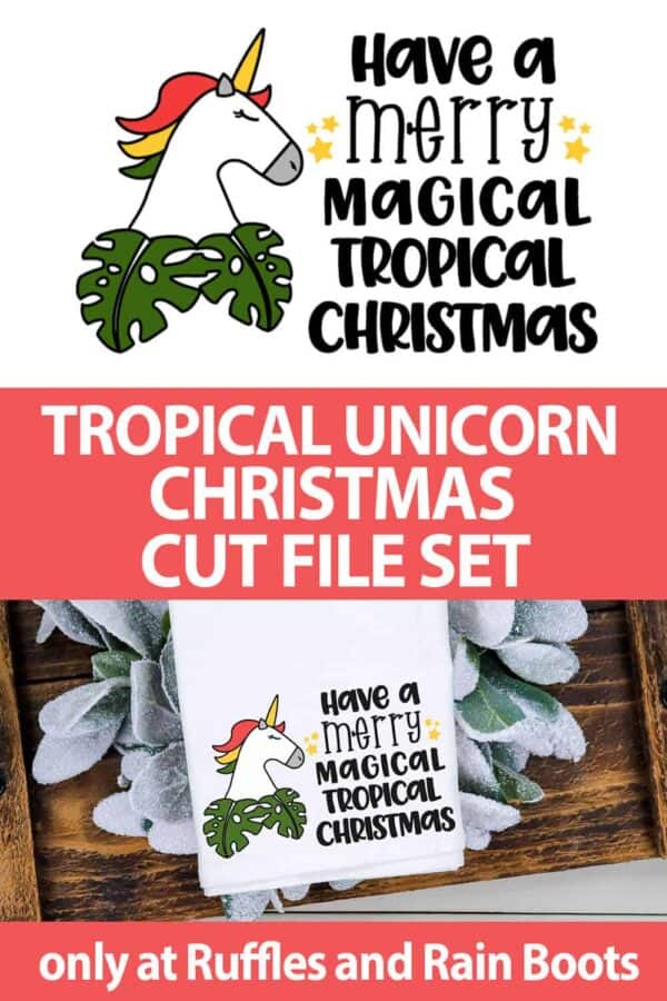 photo collage of unicorn christmas svg set with text which reads Tropical Unicorn Christmas cut file set