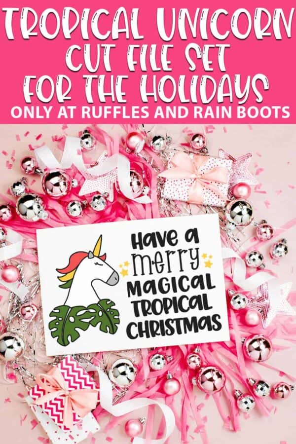 Tropical Unicorn Christmas svg cut file for cricut or silhouette with text which reads tropical unicorn cut file set for the holidays