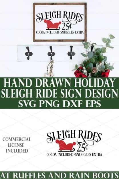 collage of sleigh rides svg set on white wood sign against white shiplap Christmas background