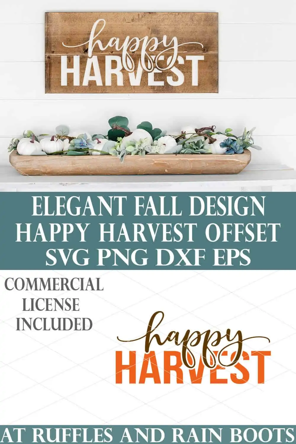 elegant autumn svg with happy harvest cut file offset design in white on wood plank over autumn decorated mantle