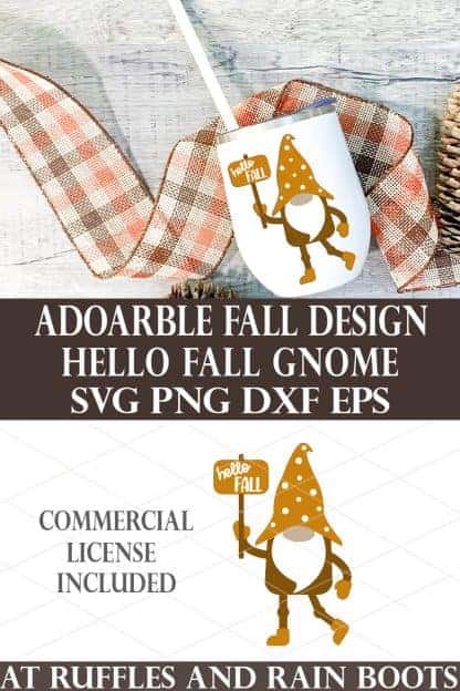 vertical collage of hello fall gnome SVG on a white tumbler on buffalo check background with pinecones with text which reads adorable fall design