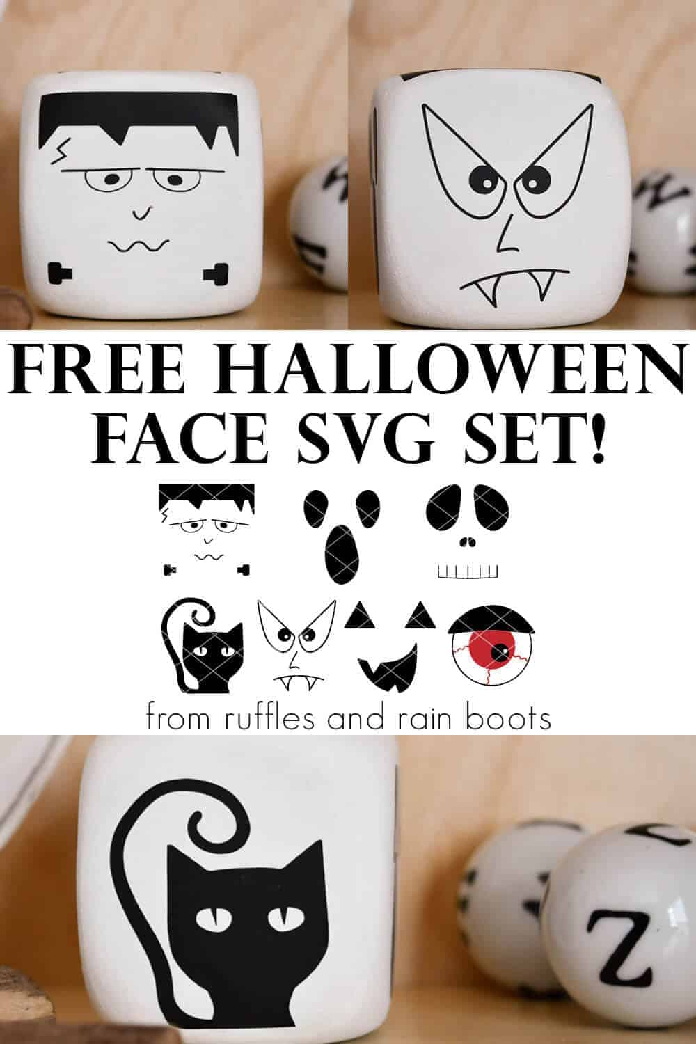 collage of Halloween faces svg offered for free from ruffles and rain boots for Halloween crafts and decor