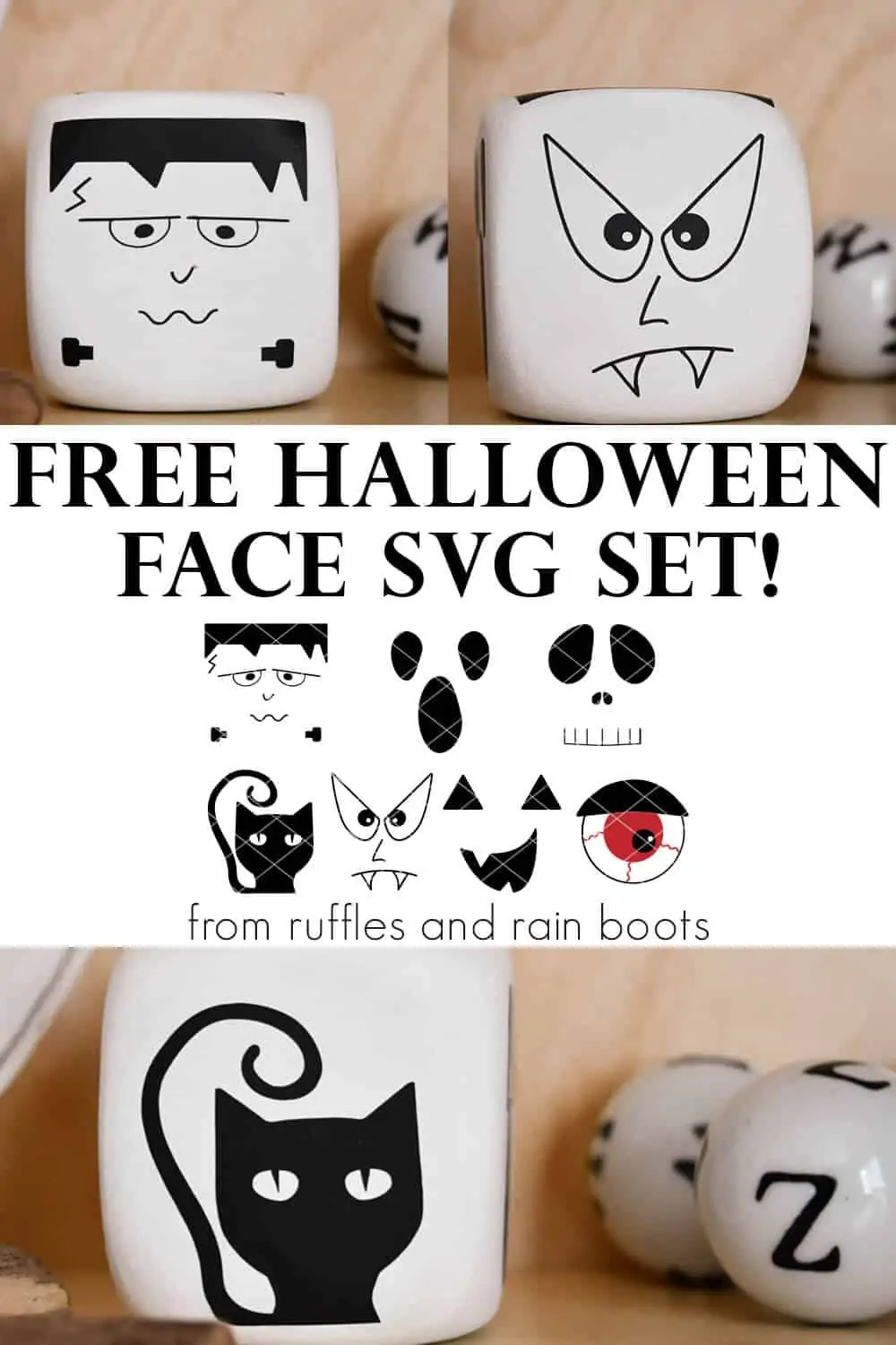 collage of Halloween faces svg offered for free from ruffles and rain boots for Halloween crafts and decor