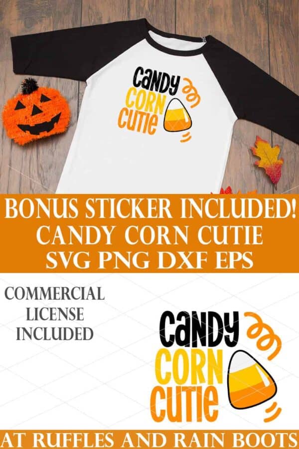 vertical collage of candy corn cutie svg for halloween on a black raglan shirt with a spooky wood background