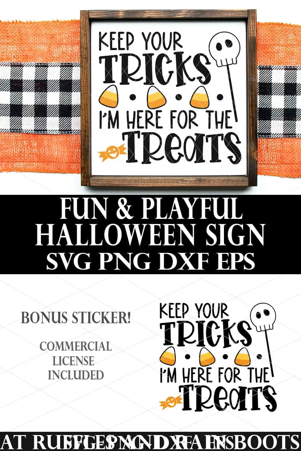 vertical collage of keep your tricks Im here for the treats svg on white Halloween sign over burlap and check background