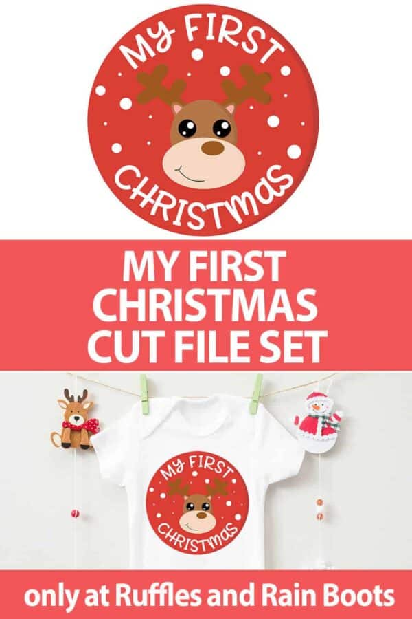 photo collage of reindeer SVG cut file with text which reads my first christmas cut file set