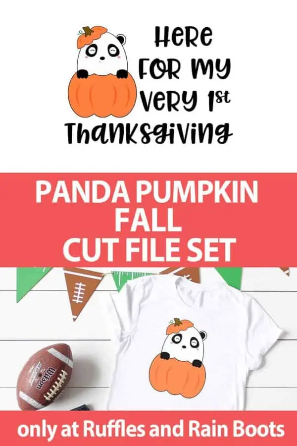 photo collage of first thanksgiving panda in a pumpkin SVG set with text which reads panda pumpkin fall cut file set