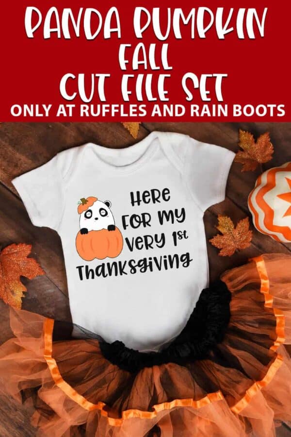 onesie featuring cute first thanksgiving panda in a pumpkin SVG with text which reads panda pumpkin fall cut file set