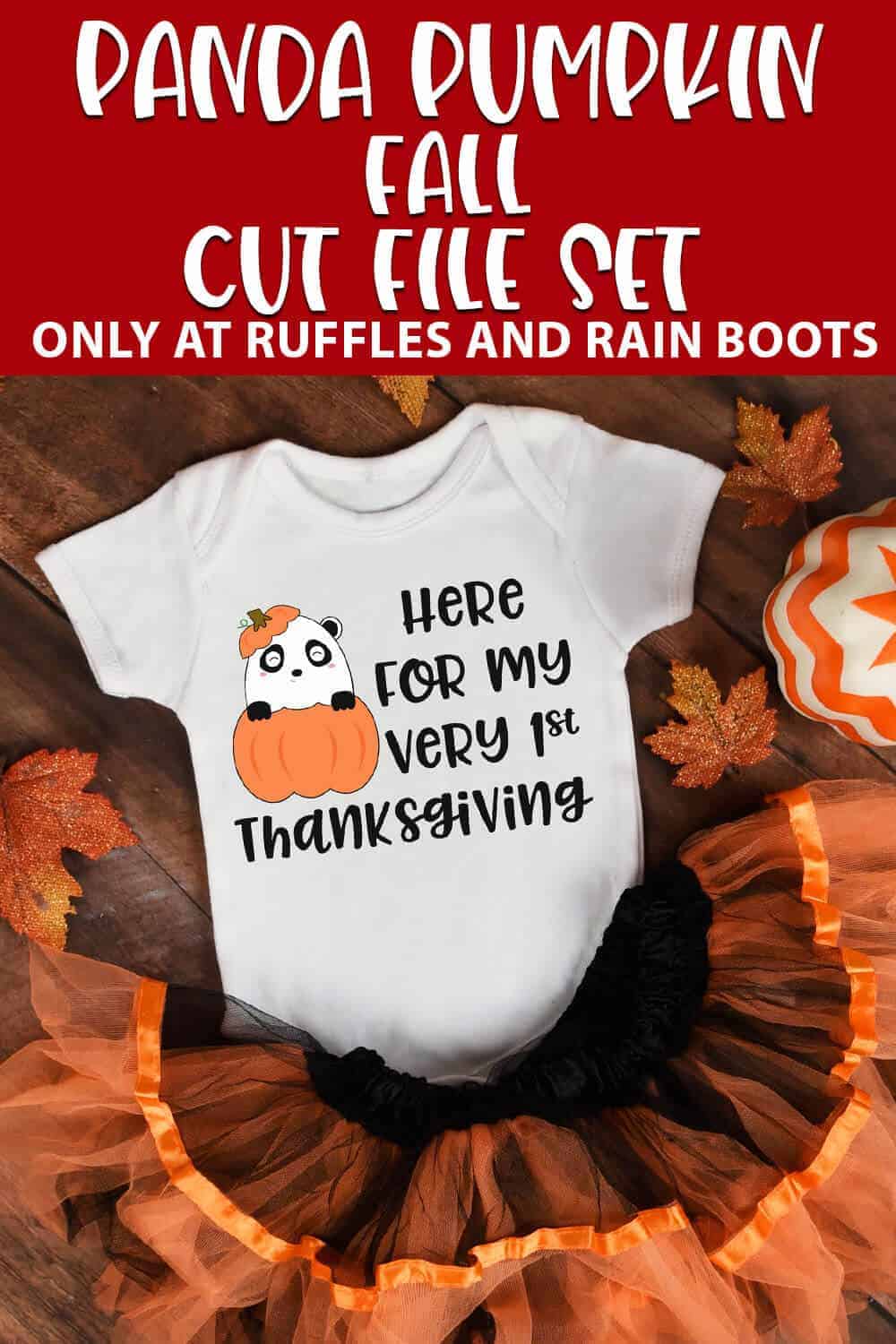 onesie featuring cute first thanksgiving panda in a pumpkin SVG with text which reads panda pumpkin fall cut file set 