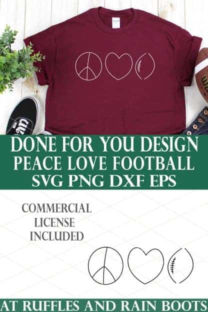 vertical collage of peace love football svg on maroon t shirt on white background in hand drawn style from ruffles and rain boots made for cricut and silhouette cutting machines