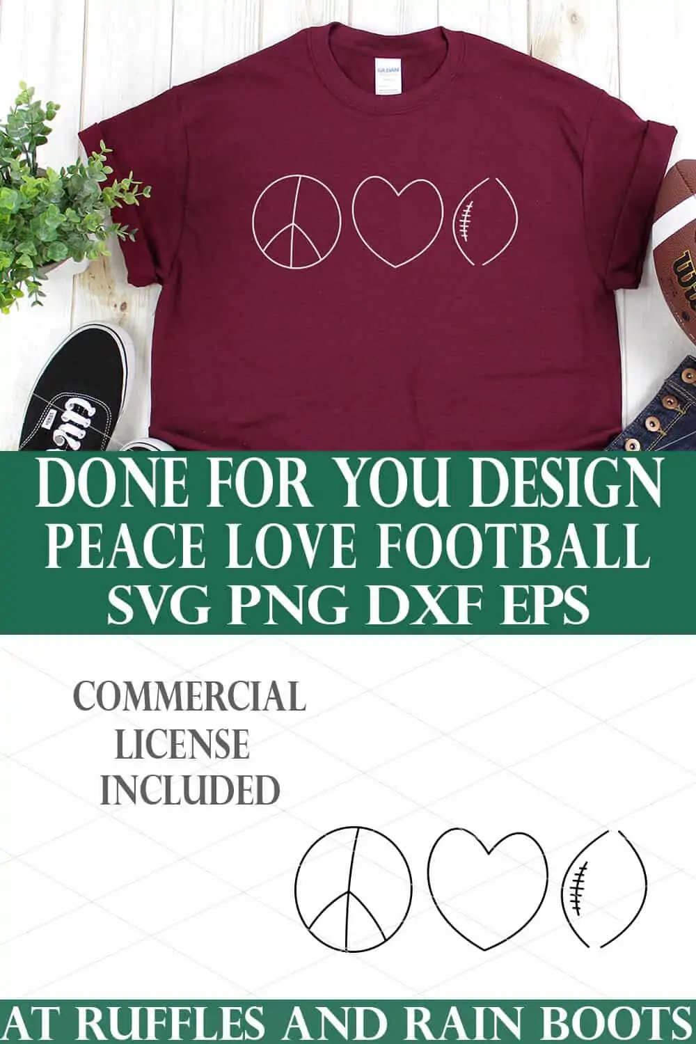 vertical collage of peace love football svg on maroon t shirt on white background in hand drawn style from ruffles and rain boots made for cricut and silhouette cutting machines