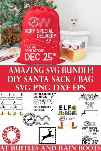 santa sack svg for Christmas gift bag bundle with text which reads amazing svg bundle diy santa sack bag svg png dxf eps
