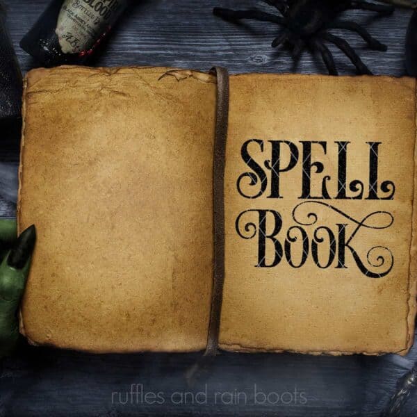 horizontal image of spell book svg in black textured vinyl on old book in witch hand on halloween background