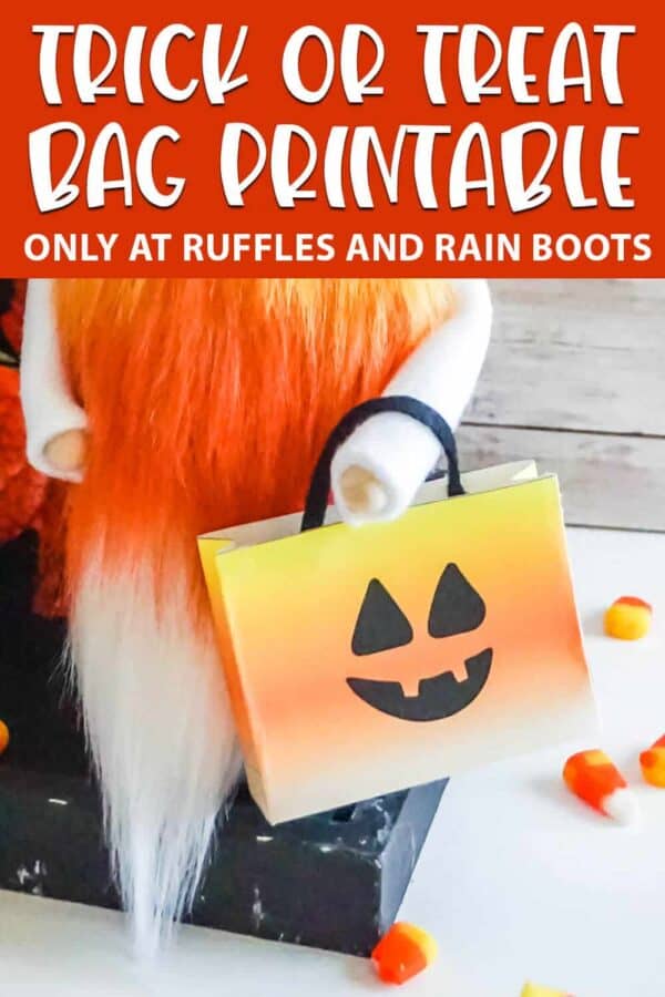 gnome candy bag printable with text which reads trick or treat bag printable