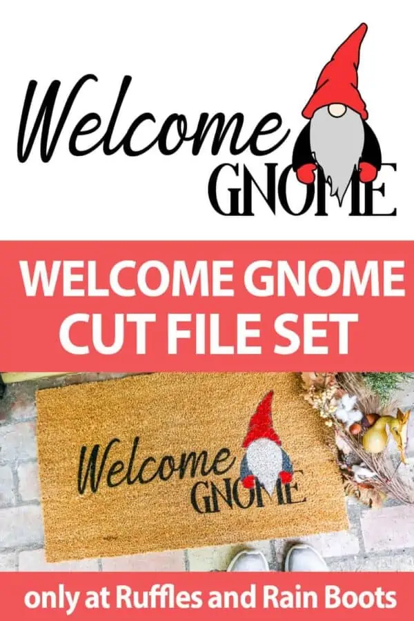 photo collage of gnome doormat cut file with text which reads welcome gnome cut file set