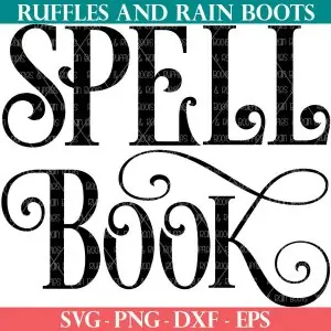 spell book svg with witch writing from ruffles and rain boots