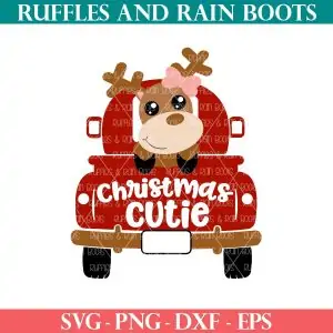 reindeer svg in a red truck svg with Christmas cutie written on it from ruffles and rain boots