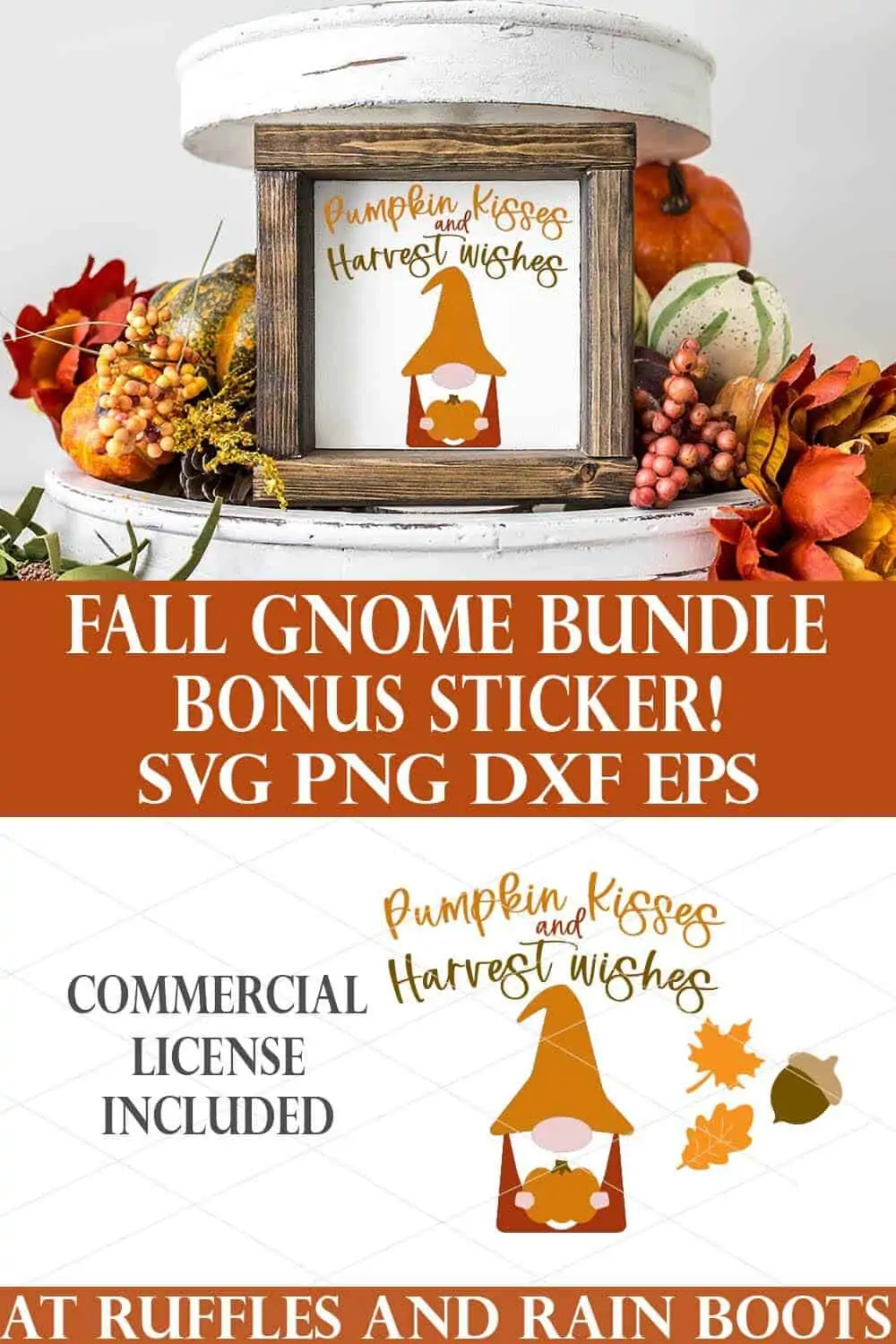 vertical stacked sign of fall gnome svg on bottom with the Cricut and Silhouette design on a tiered tray sign with a fall background on top and text which reads fall gnome bundle