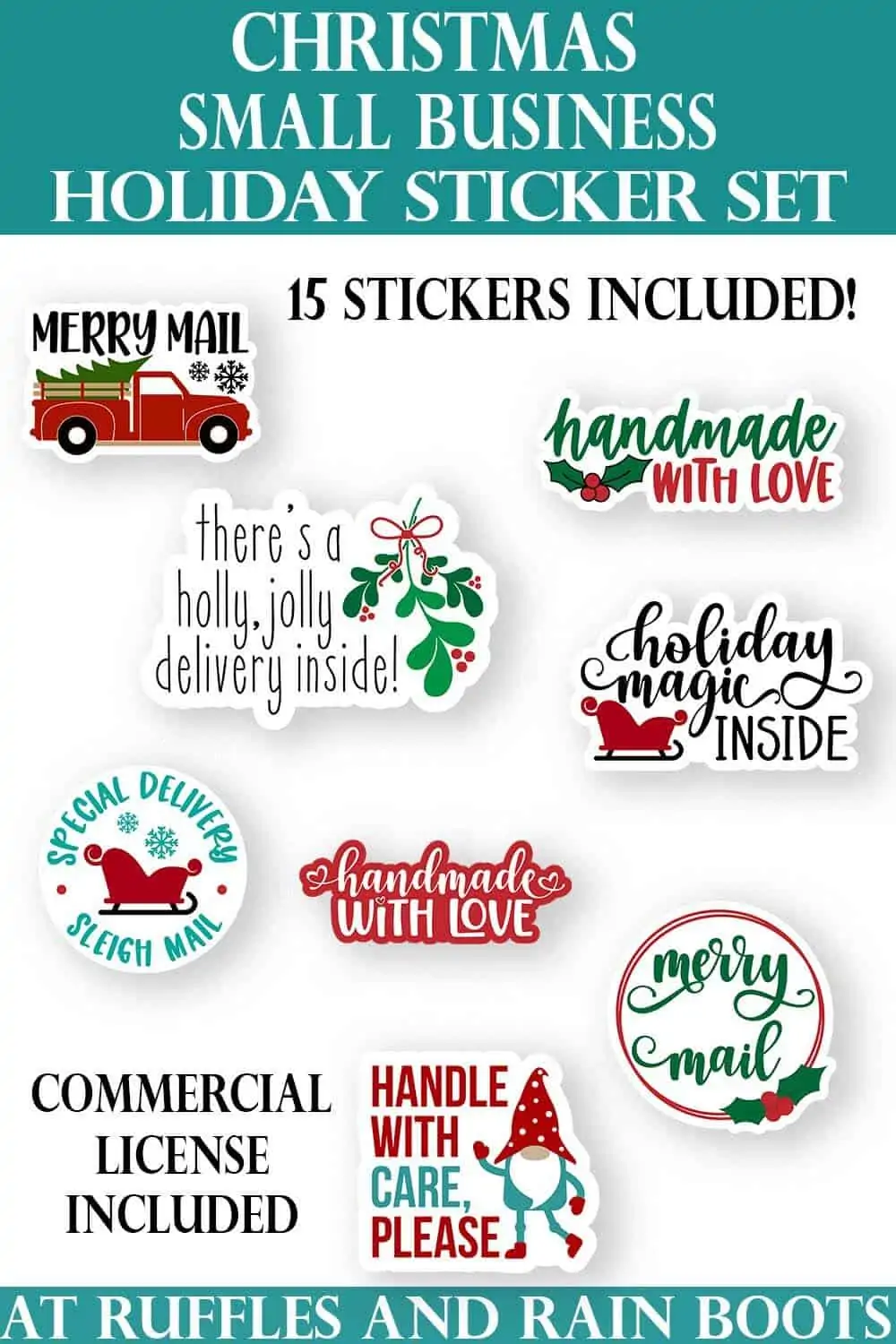 vertical image of christmas sticker bundle for gift tag, parcel, or package for small business owners shipping